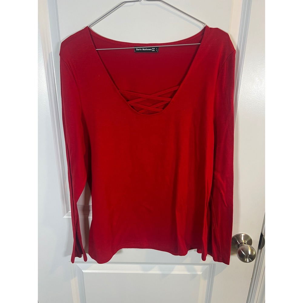 Sarin Mathews Womens Long Sleeve Top Lattice Neck Red Size L